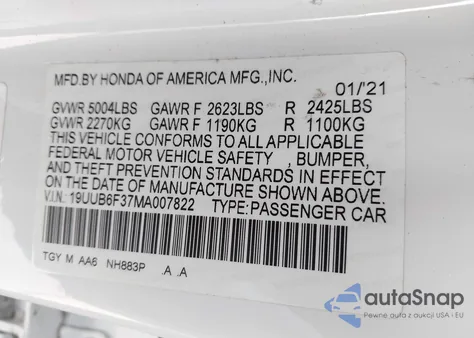 2021 Acura Tlx Standard z USA, uszkodzony, nr VIN 19UUB6F37MA007822